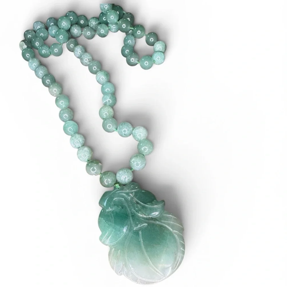 VTG Estate Pendant Necklace Apple Green Jade Hand Carved Floral Hong Kong 26” - Picture 4 of 11